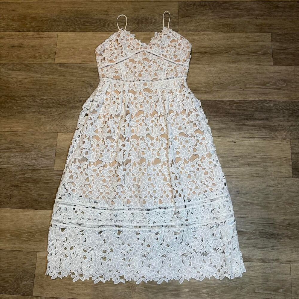 Ivory Floral Crochet Lace Midi Dress Nude Lining Spaghetti Strap Summer Party